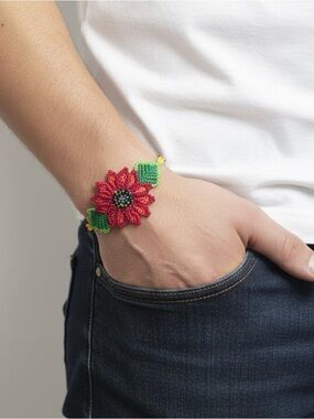 NWOT Handmade Mexican Beaded Flower Bracelet | 8” | Huichol/Chaquira Style